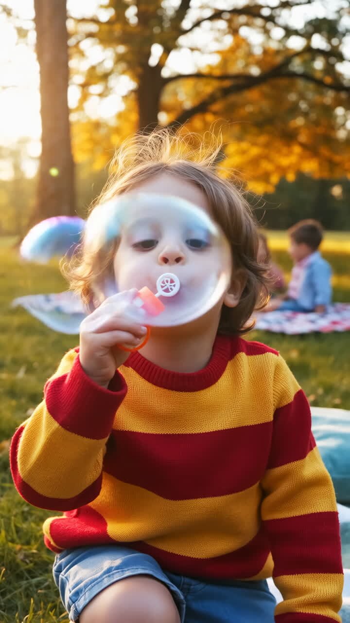 Bambino felice che soffia bolle in un parco autunnale soleggiato