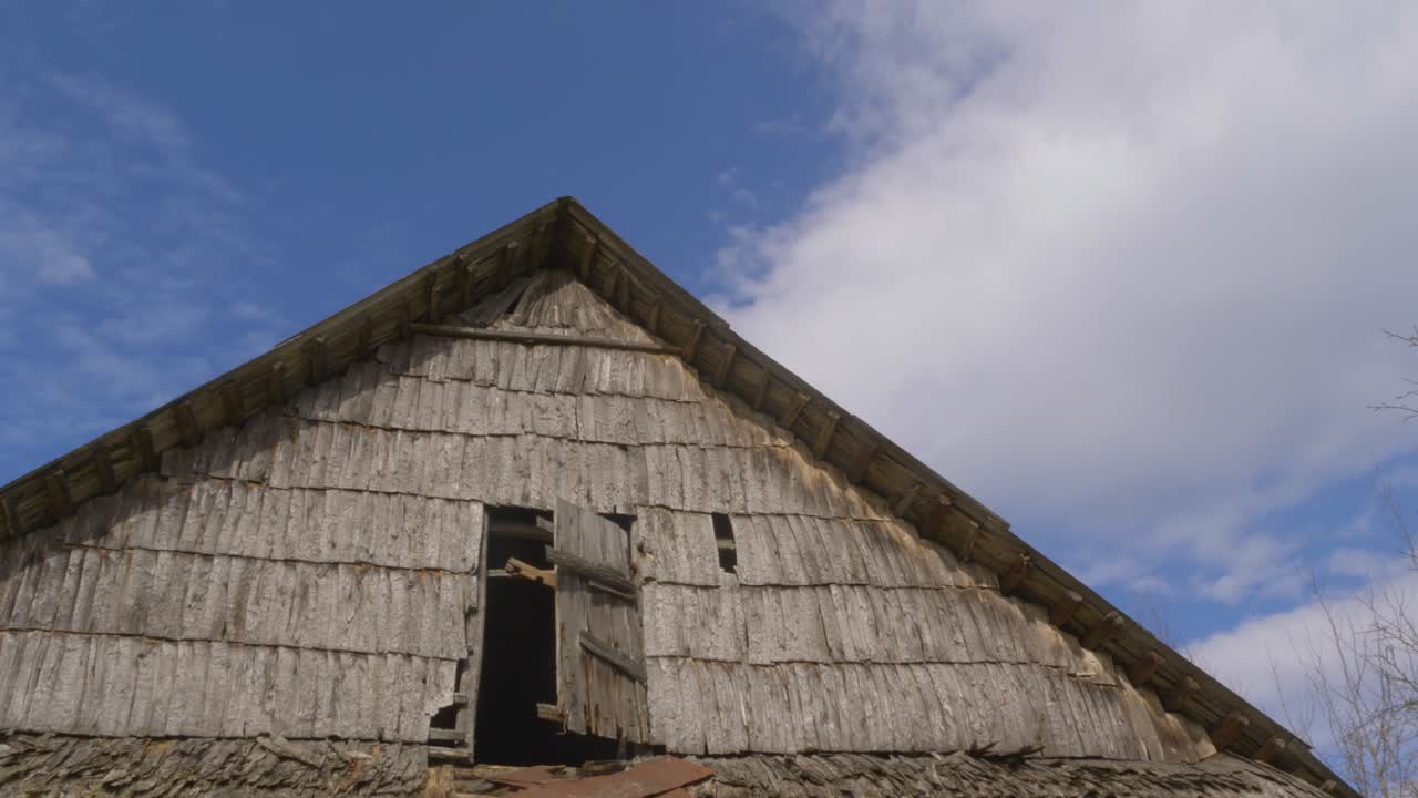 Wood Chip Covered Roof Of An Old Farm Building