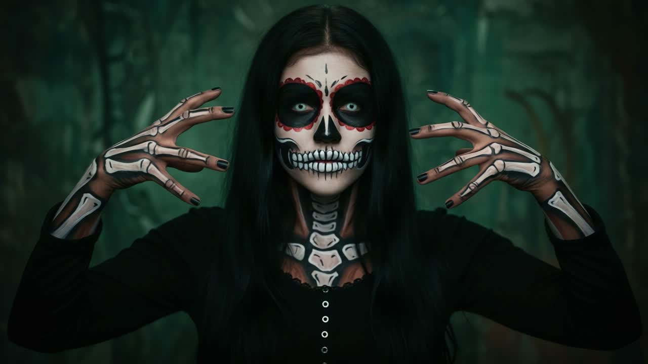 Eerie and Captivating Skull Makeup: A Stunning Transformation Showcasing Intricate Halloween Artistry with Vivid Detailing and Dramatic Expression