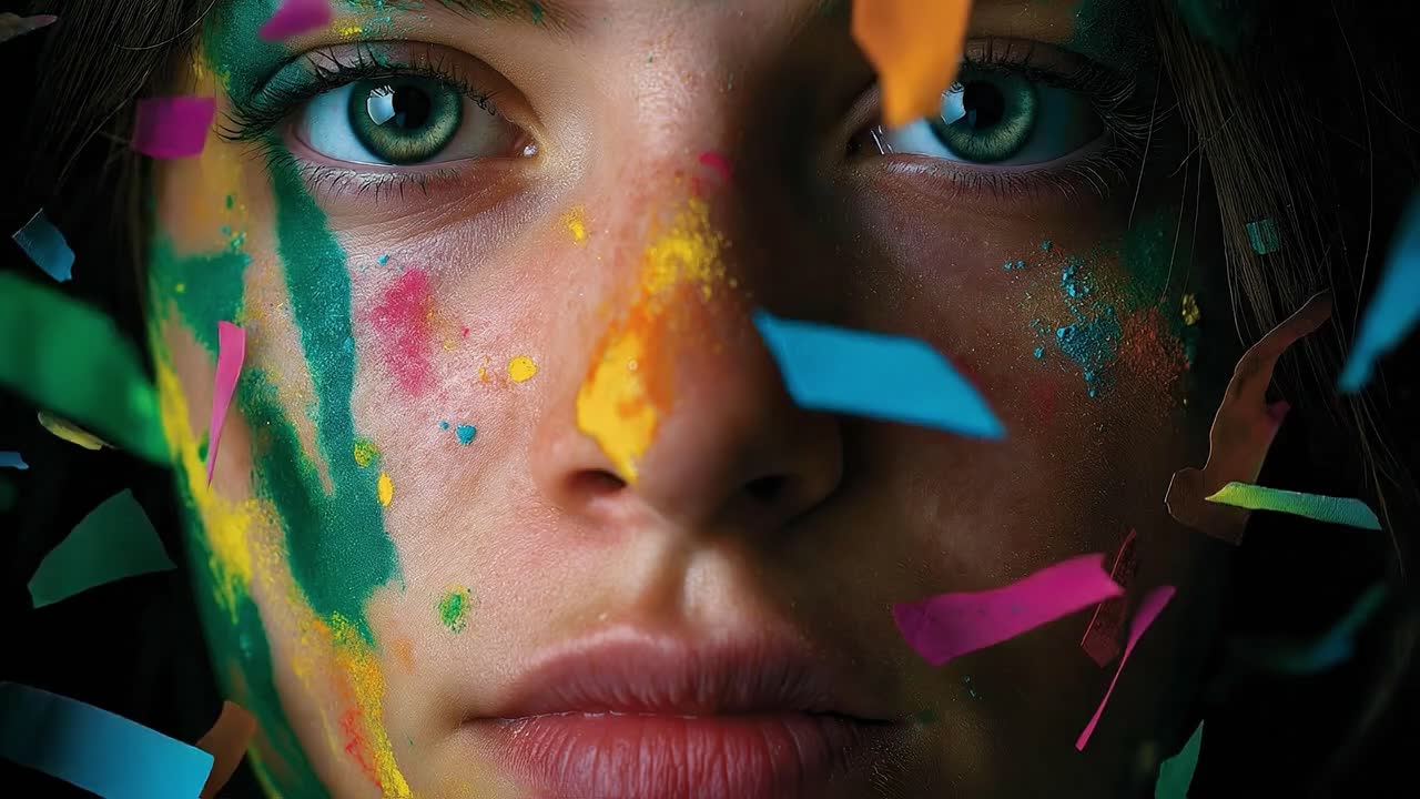 Closeup portrait of woman with colorful face paint and confetti