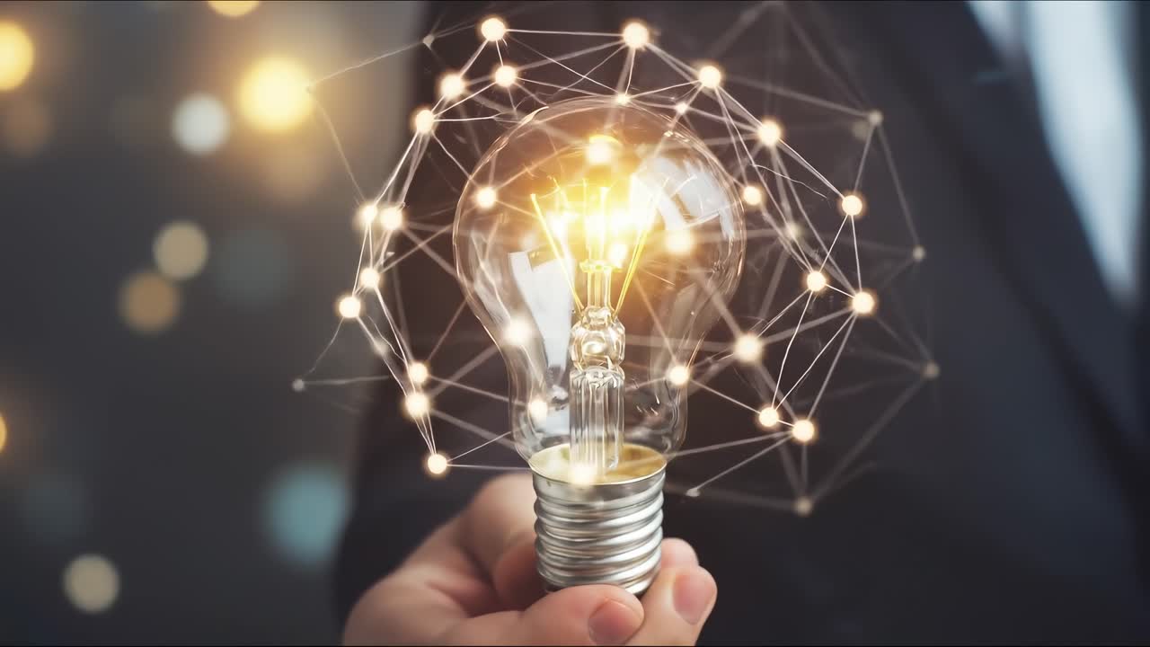 Inquadratura ravvicinata di una mano che tiene una lampadina luminosa, a simboleggiare l'innovazione in un concept video.