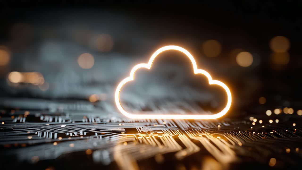 Un'icona a forma di nuvola luminosa che illumina uno sfondo con circuito stampato, a rappresentare il concetto di cloud computing e connettività digitale nella tecnologia moderna