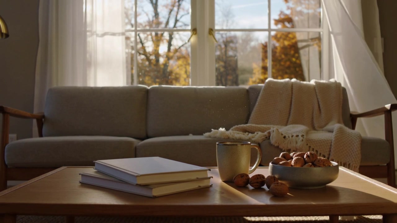 Showing coffee table with books, mug reacting to sunlight at home as breeze moving sheer curtain