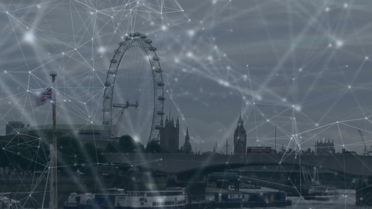 Animation of network of connections and data processing over london cityscape