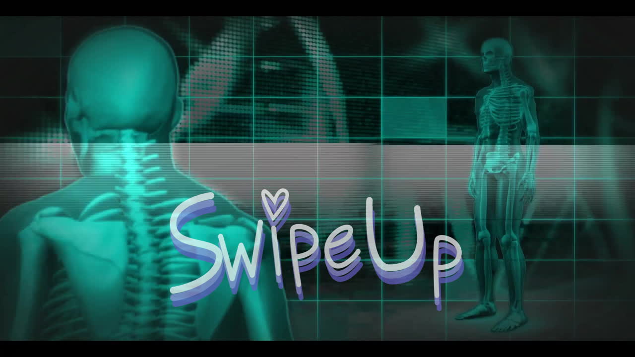 Animation of skeletons with Swipe Up text over digital grid background