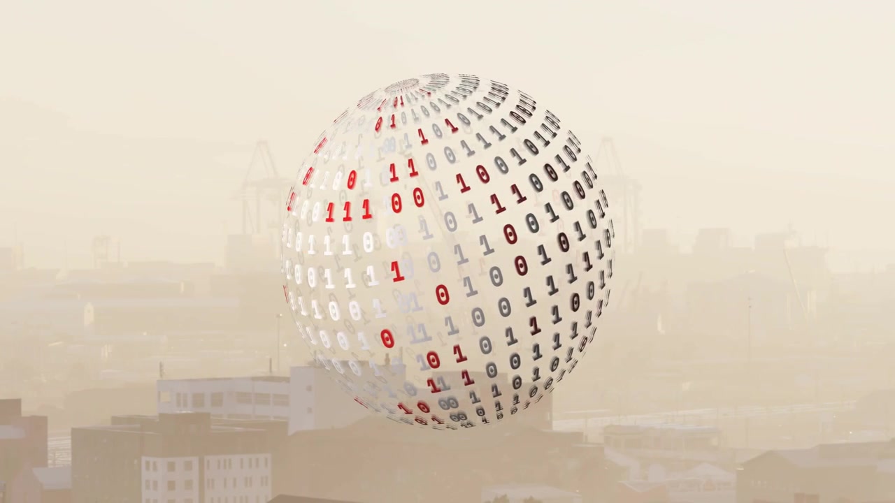 Digital Binary Data Sphere Floating Over Industrial Cityscape