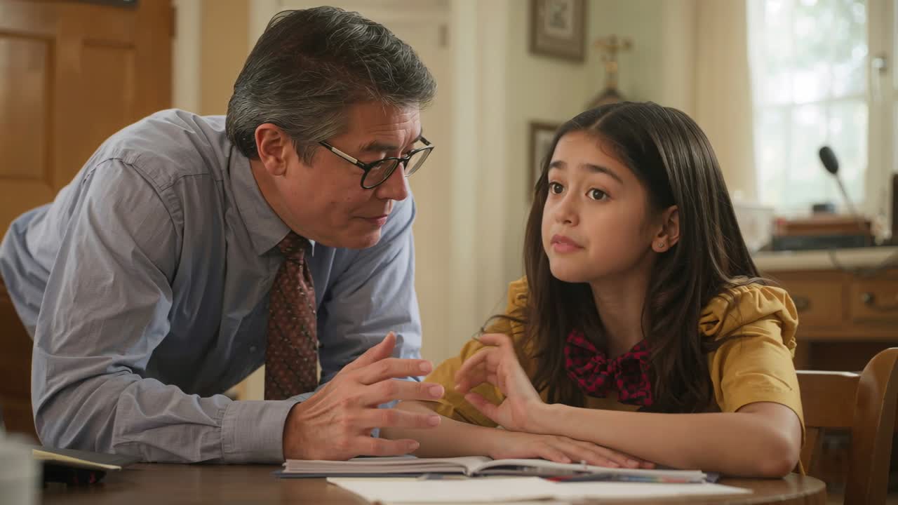 Un padre in camicia e cravatta indica, aiutando la figlia con la camicetta color senape al tavolo, spiegandole un libro aperto.