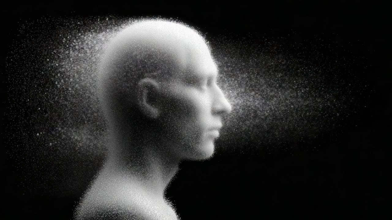 A surreal representation of human consciousness depicted through a white, ethereal figure, exuding a misty aura that symbolizes thoughts and emotions, evoking a mysterious yet serene atmosphere