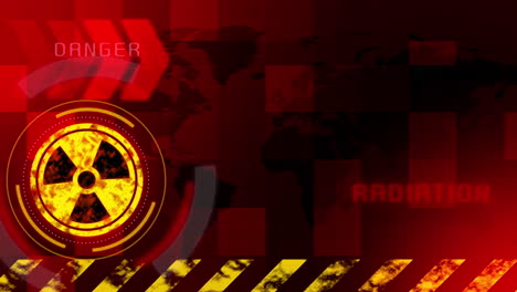 nuclear radiation hazard warning icon. animated looped red background with yellow ribbon. flashing arrows and inscriptions attention danger.