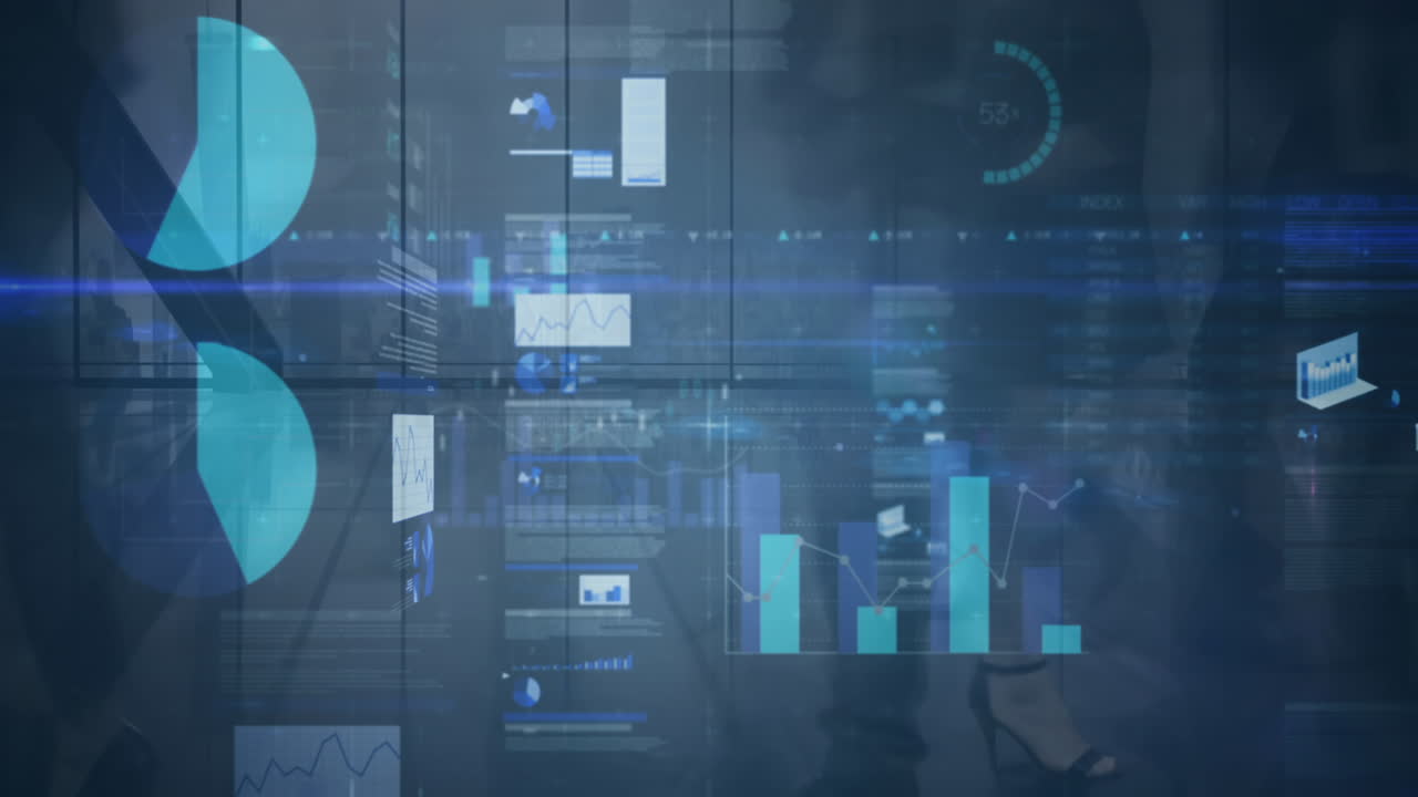 Animation of financial data processing over diverse business people walking in modern office