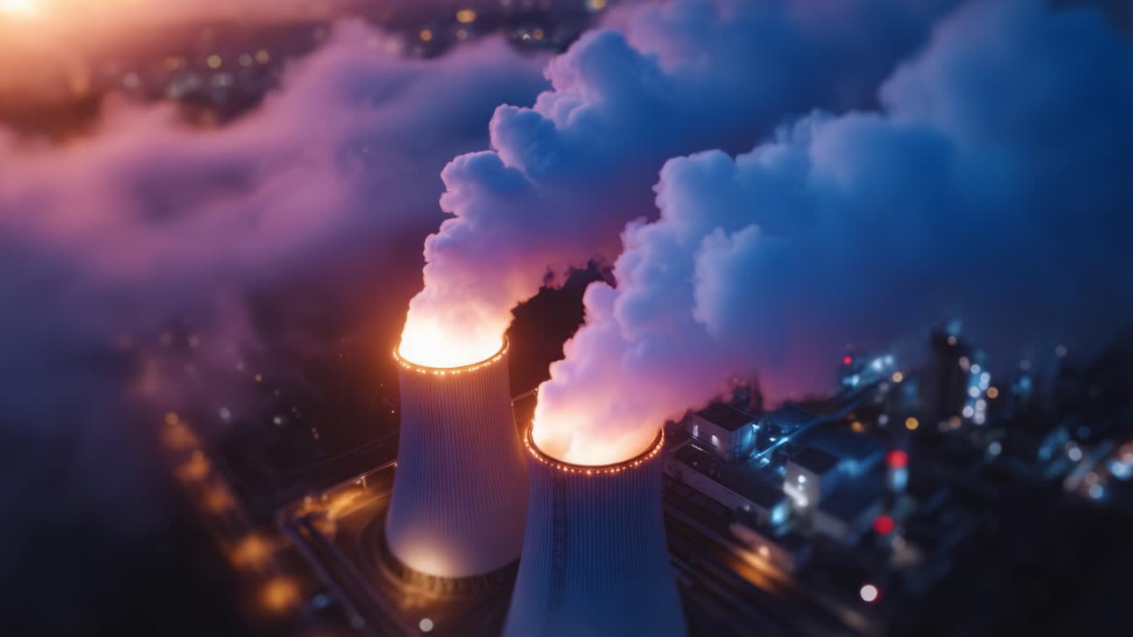 Dramatic View of Smokestacks at Night Illuminating with Glittering Lights and Heavy Steam Emissions, Captured in Two Distinct Frames from a Timelapse Video