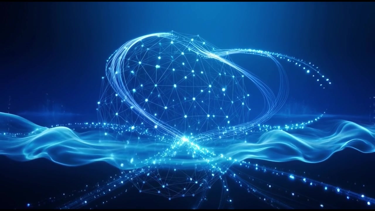 Abstract Digital Network Sphere with Flowing Light Particles