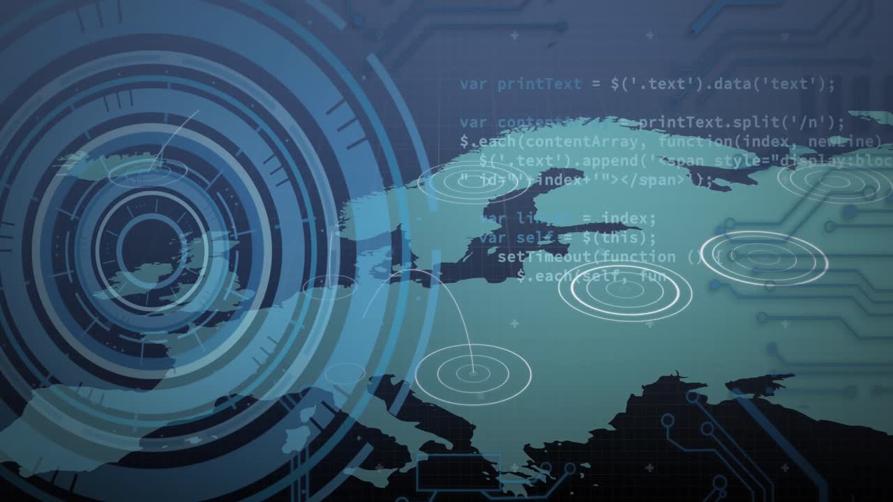 анимация сканирования сферы с обработкой данных над картой мира в фоновом режиме