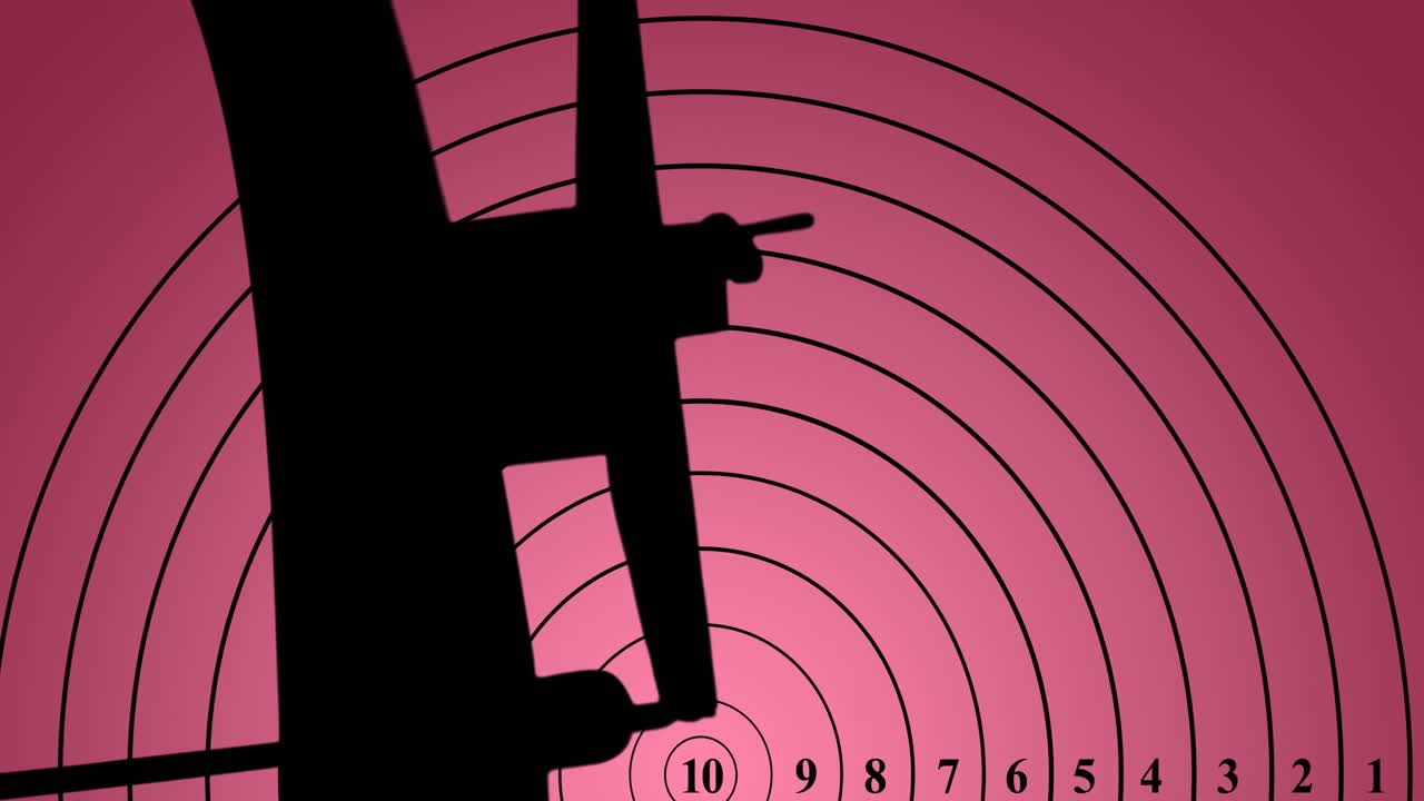 Animation of target and silhouette of archer's bow on pink background