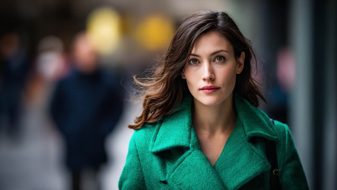 A Young Woman in a Green Coat Walking Confidently Through a Busy Urban Street Scene, Radiating Focus Amidst the Blurry Crowd of Passersby