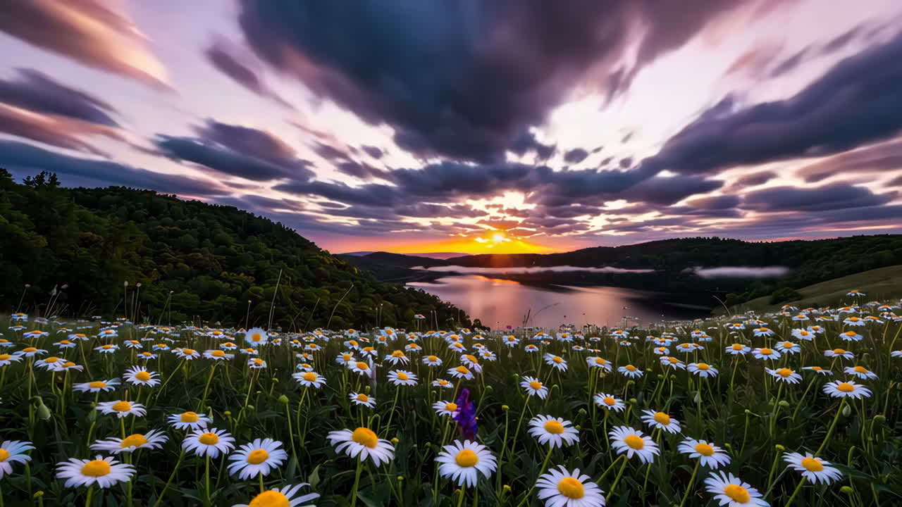 Sunset over a lake with wildflowers