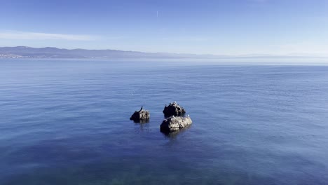 Seagulls-and-a-crane-resting-on-boulders-on-Sea-shore-with-island-in-distance,-Opatija,-Croatia