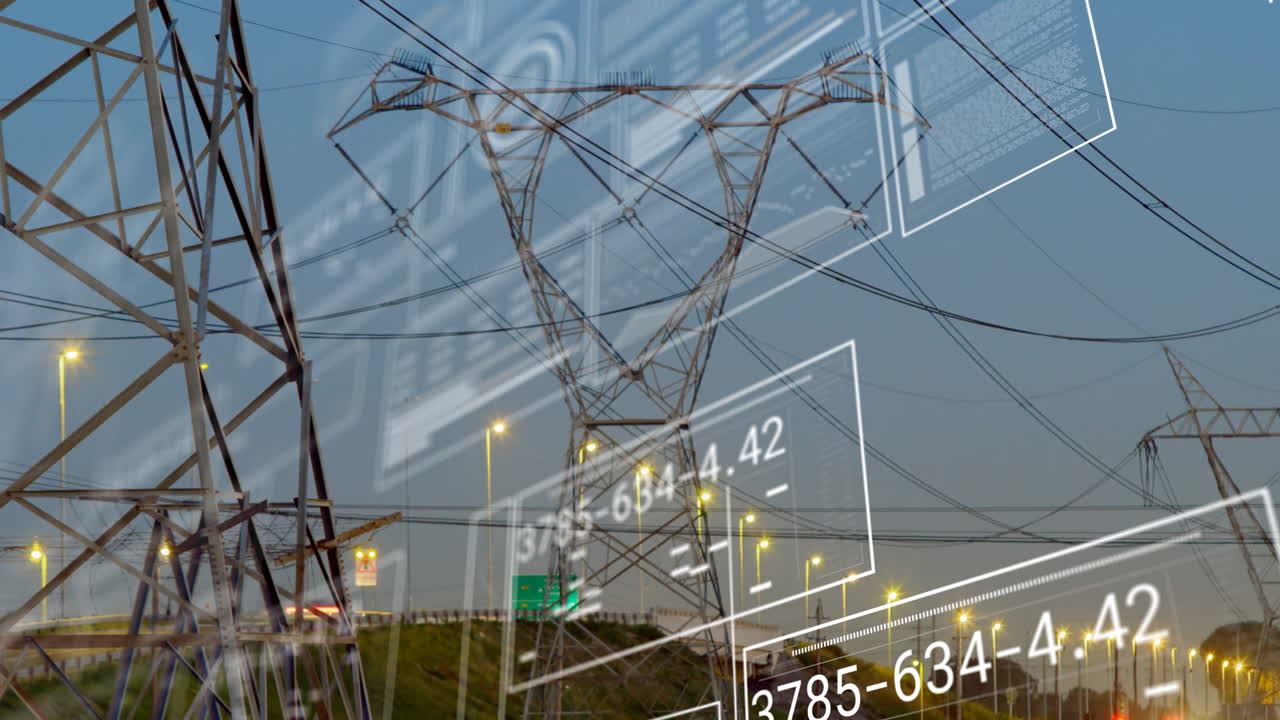 Evening cityscape with power lines and mathematical equations animation in sky