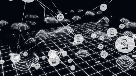 animación de la red de conexiones con iconos sobre el paisaje digital 3d