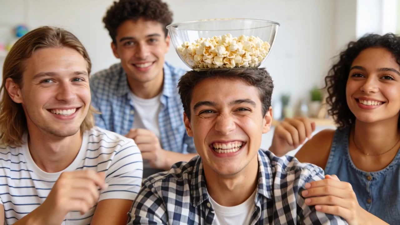 La donna a destra posiziona una ciotola di popcorn di vetro sull'uomo al centro che indossa una camicia a quadri, a casa per posare