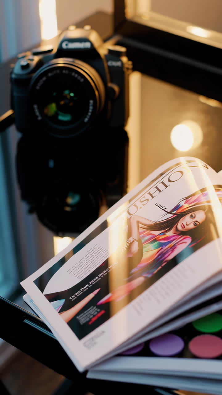 Camera and Magazine on a Table