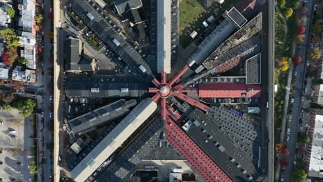 top down aerial footage in the morning north of downtown philadelphia moving up from eastern state penitentiary historic site