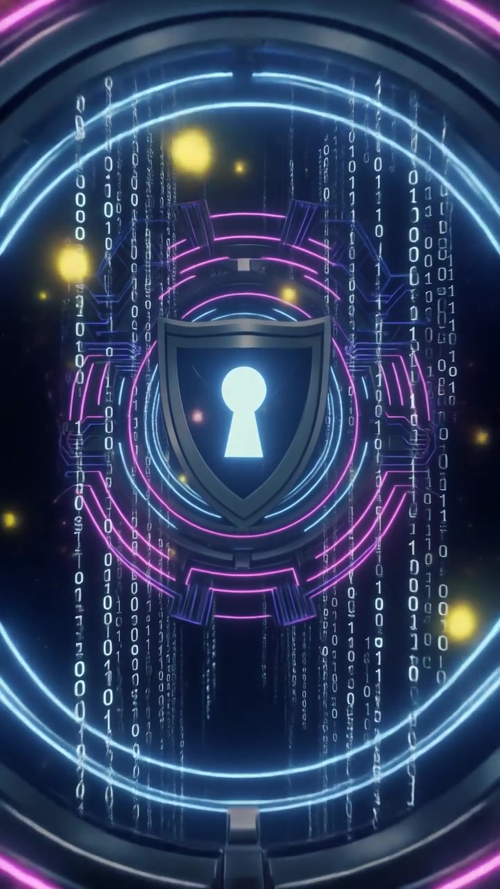 Digital Security Shield with Glowing Keyhole and Binary Code