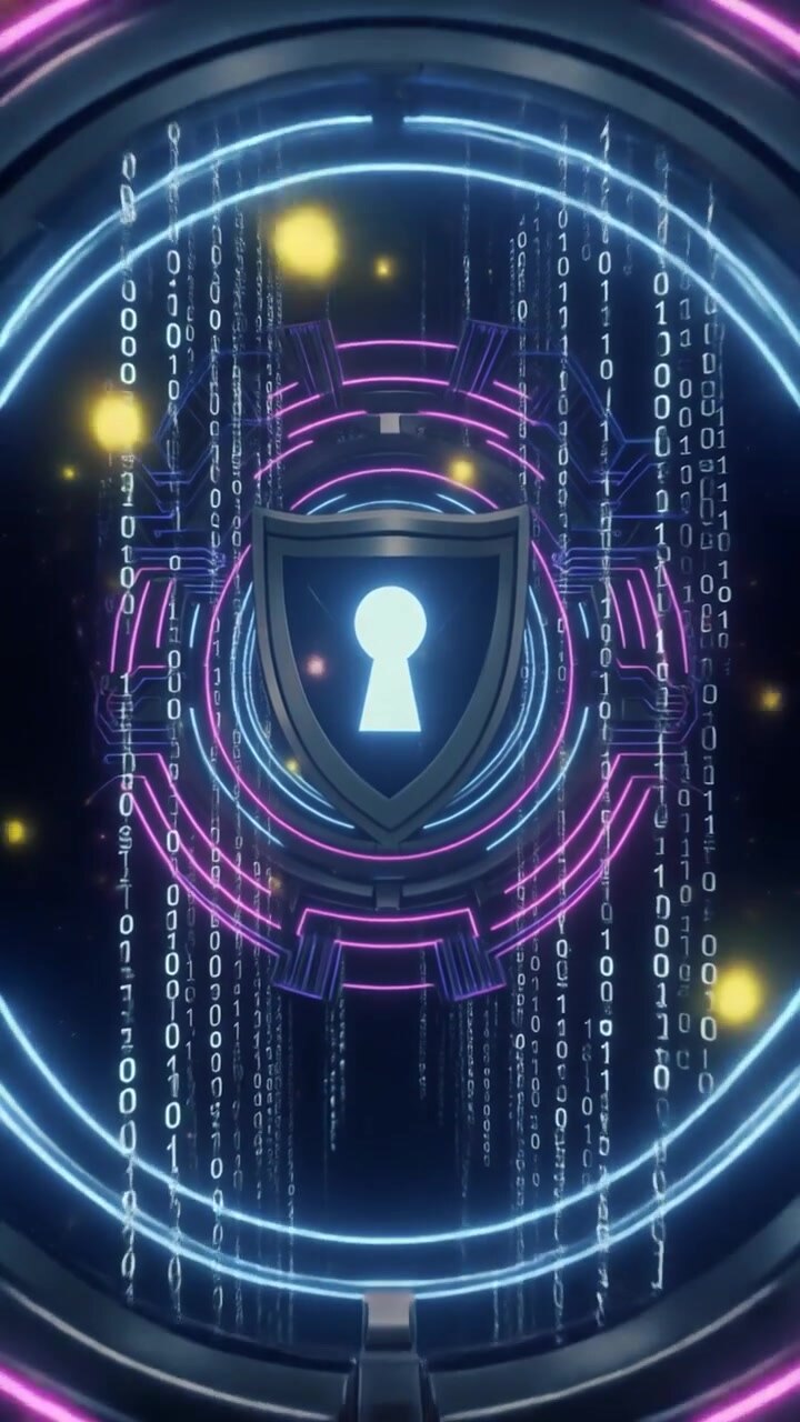 Digital Security Shield with Glowing Keyhole and Binary Code