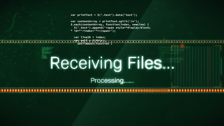 Animation of receiving files and processing files text, loading bars over computer language