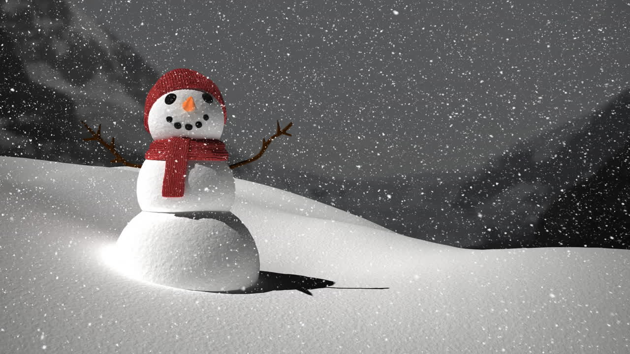 animación de la nieve cayendo sobre el muñeco de nieve en un paisaje de invierno