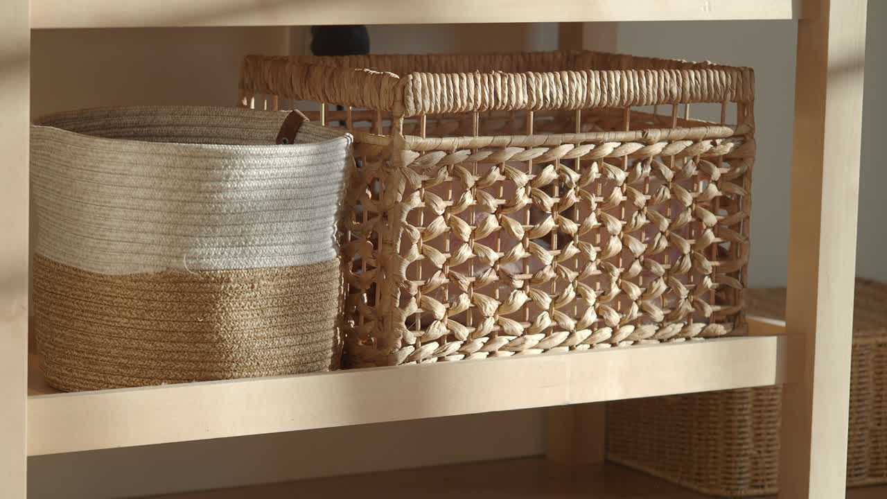 Woven Baskets on Wooden Shelves