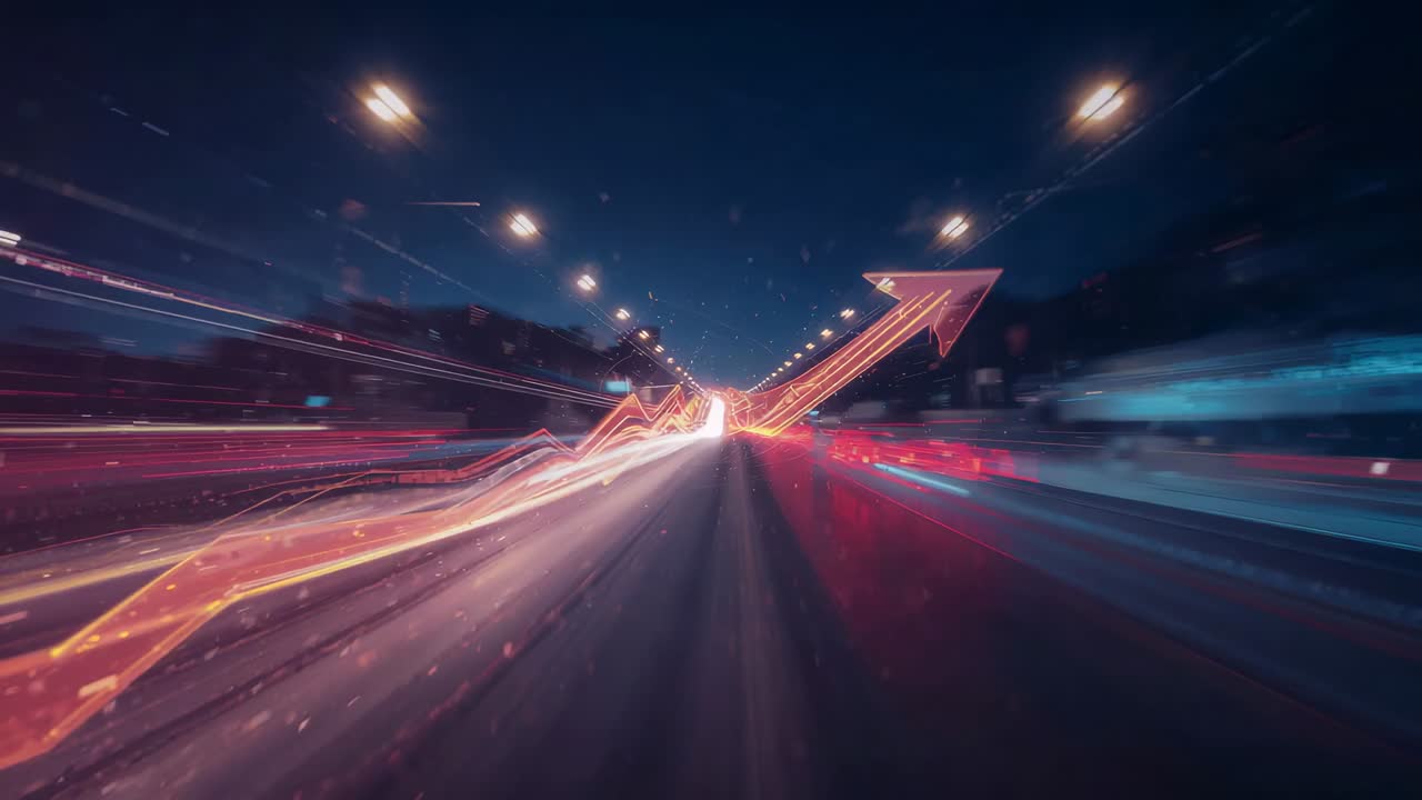 Appearing neon arrow overlay pulsing along center road at night with light trails showing speed