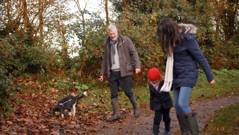 multi generation family take dog for walk in fall landscape