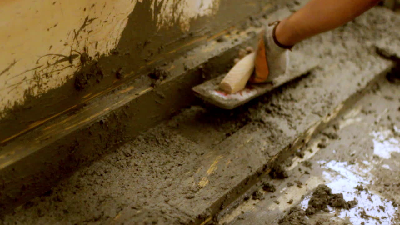 A gloved hand smooths wet cement with focus and care, shaping the texture into precise lines.