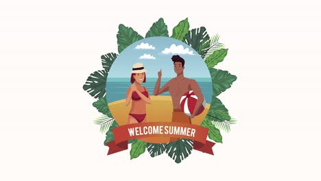 letras de bienvenida de verano con una joven pareja y un globo