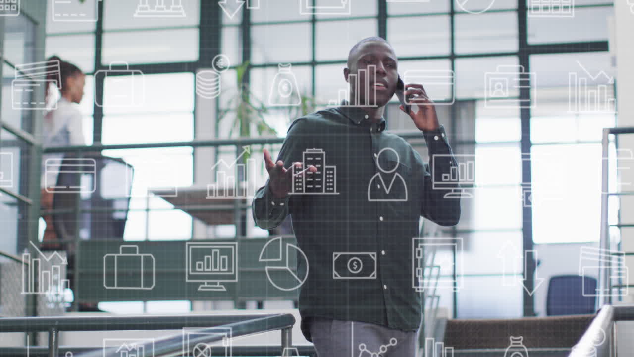 Animation of data processing over african american businessman using smartphone