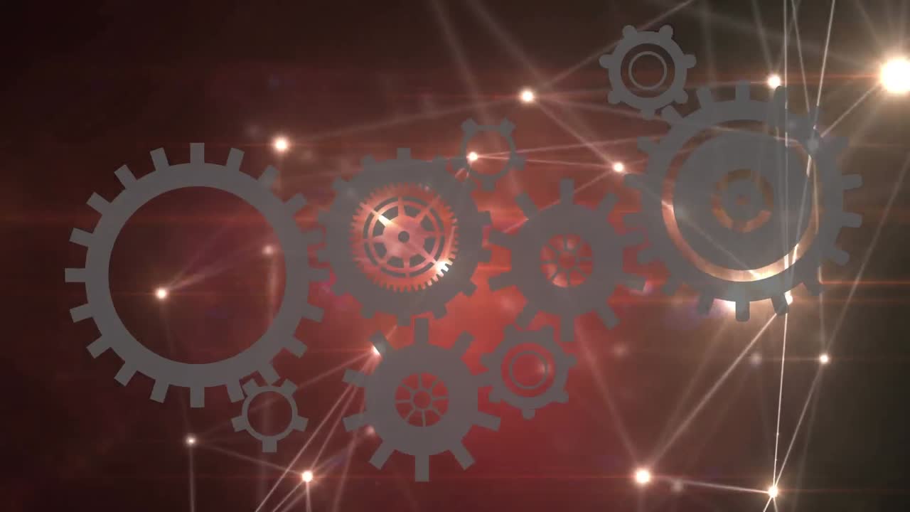 갈색 배경에 움직이는 기어와 연결 네트워크의 애니메이션
