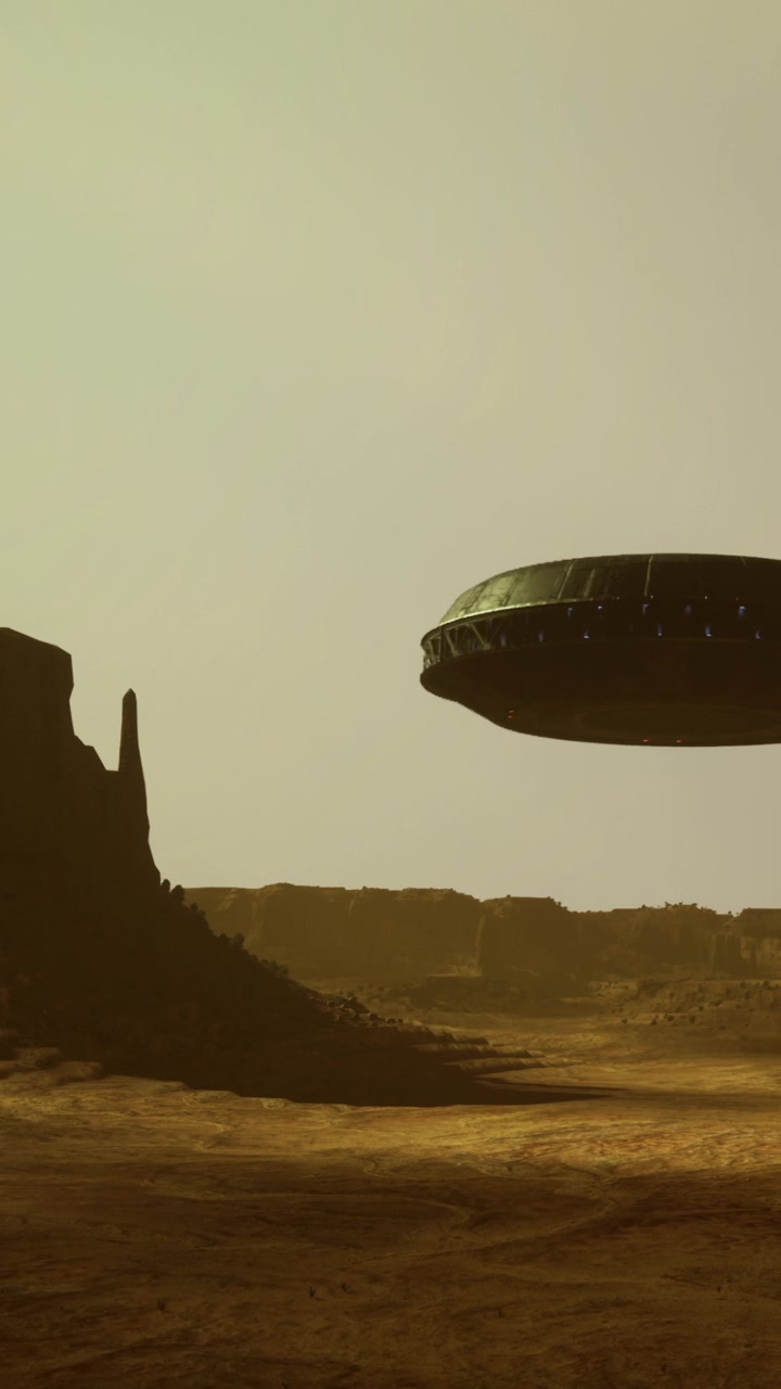 Ufo hovering above a rocky landscape during sunset in a desert area