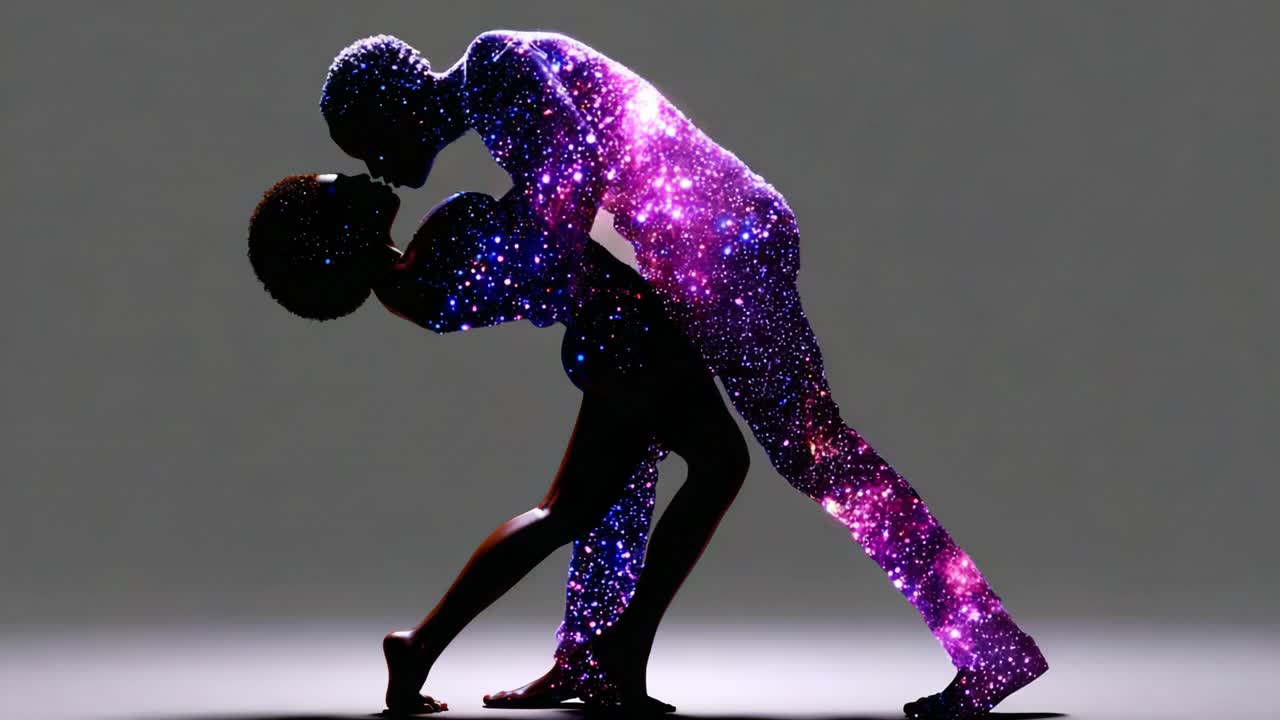 A breathtaking cosmic embrace captured in two frames, showcasing a couple illuminated by a vibrant galaxy, embodying love and connection amidst a universe of stars and beauty