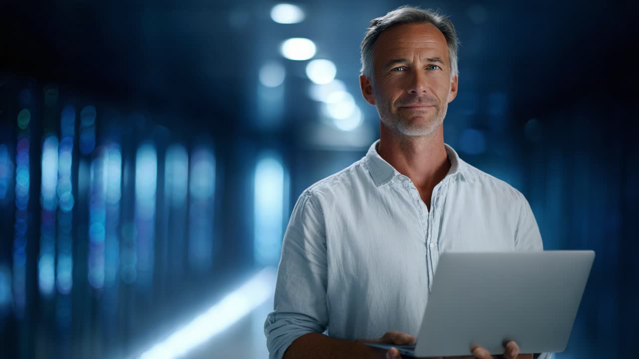 Confident Professional in a Modern Data Center Holding a Laptop, Exuding Positivity and Leadership Amidst High-Tech Ambiance and Contemporary Architecture