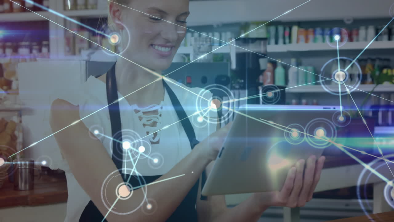 animación de puntos iluminados conectados sobre una propietaria caucásica usando una tableta en un supermercado