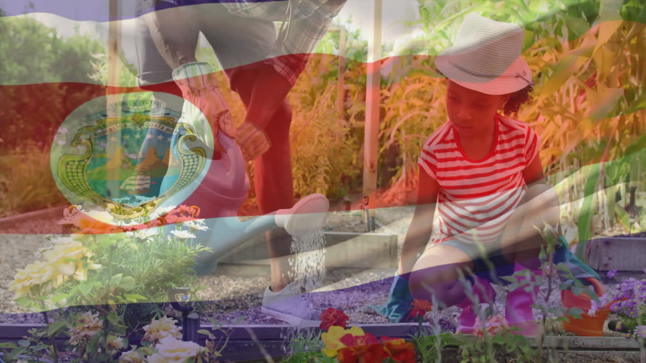 In school, child gardening with watering can, animation of Costa Rica flag overlay