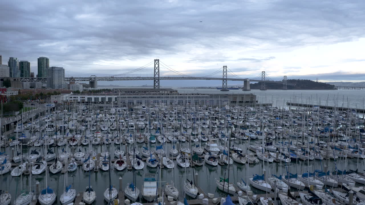 Panoramic View of San Francisco Bay Bridge and Marina with Sailboats