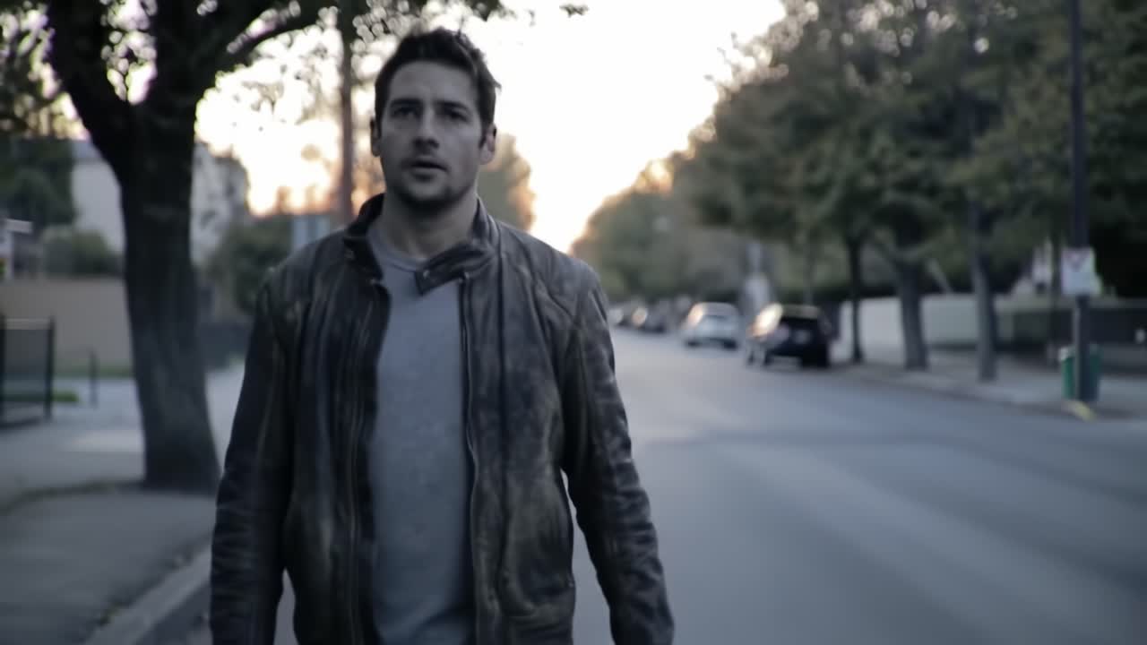 A solitary figure walks down an empty street during twilight, clad in a worn leather jacket, representing moments of introspection and solitude in an urban landscape.