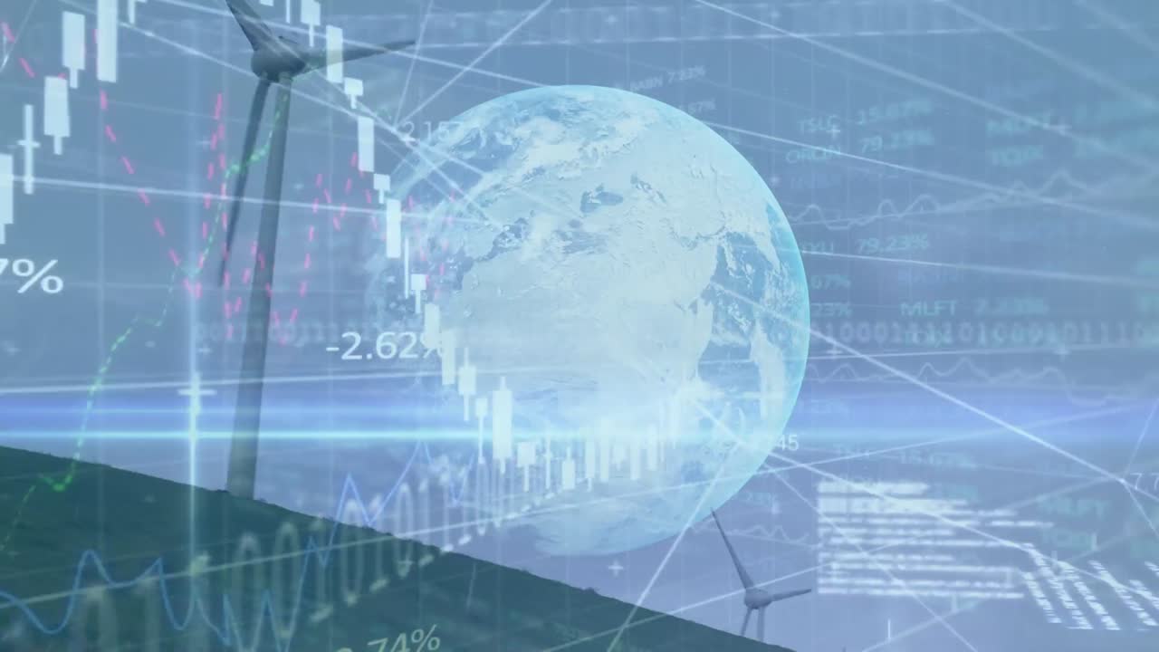 금융 데이터의 애니메이션과 풍력 터빈 위의 지구