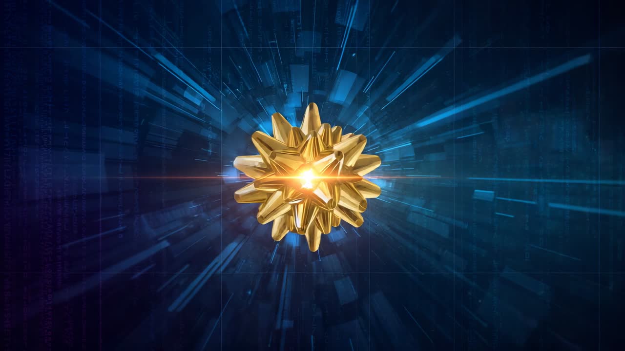 Activating digital panels, golden spiked orb emerging, rotating in blue tunnel with orange flare