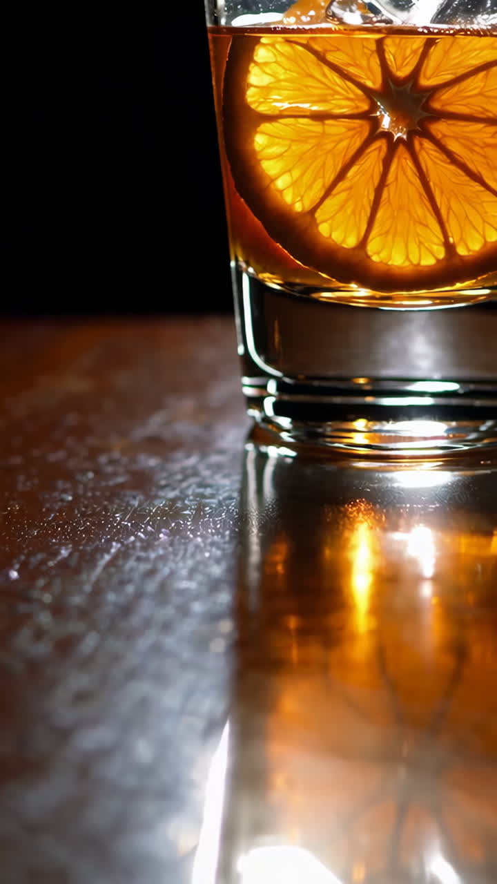 Close-up of an orange slice in a cocktail glass