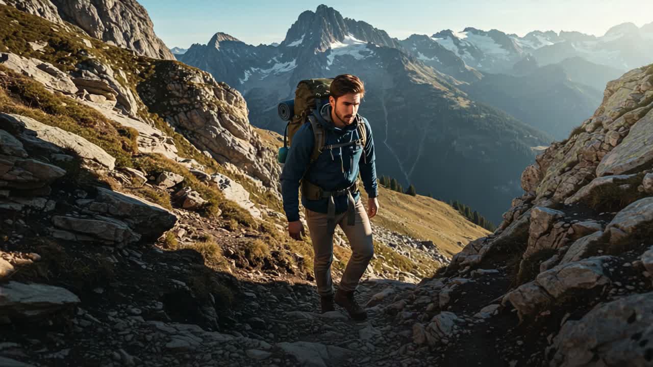 A determined hiker ascends a rugged mountain path, surrounded by breathtaking peaks and valleys, capturing the adventurous spirit of exploring nature's beauty