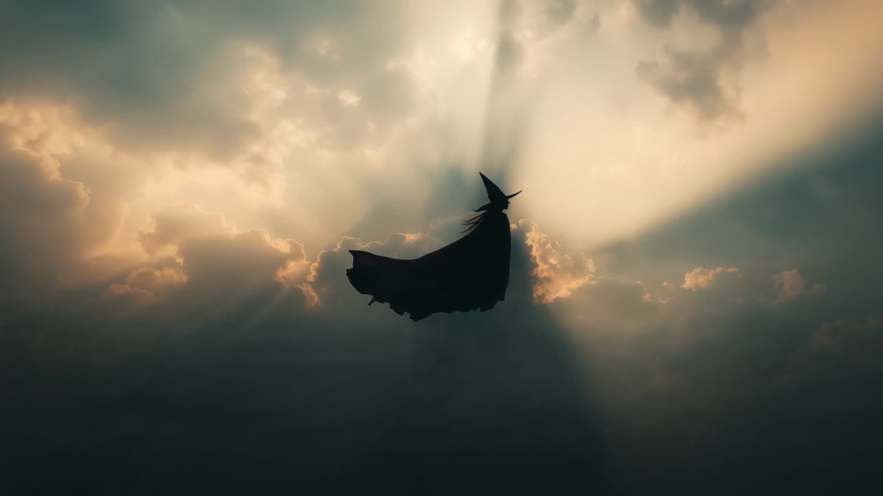 Sunlight piercing clouds urging cloaked figure hovering in sky, showing pointed hat billowing cloak