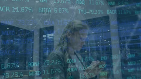 Animation-of-connected-dots,-trading-board-over-caucasian-woman-using-phone-while-walking-in-office